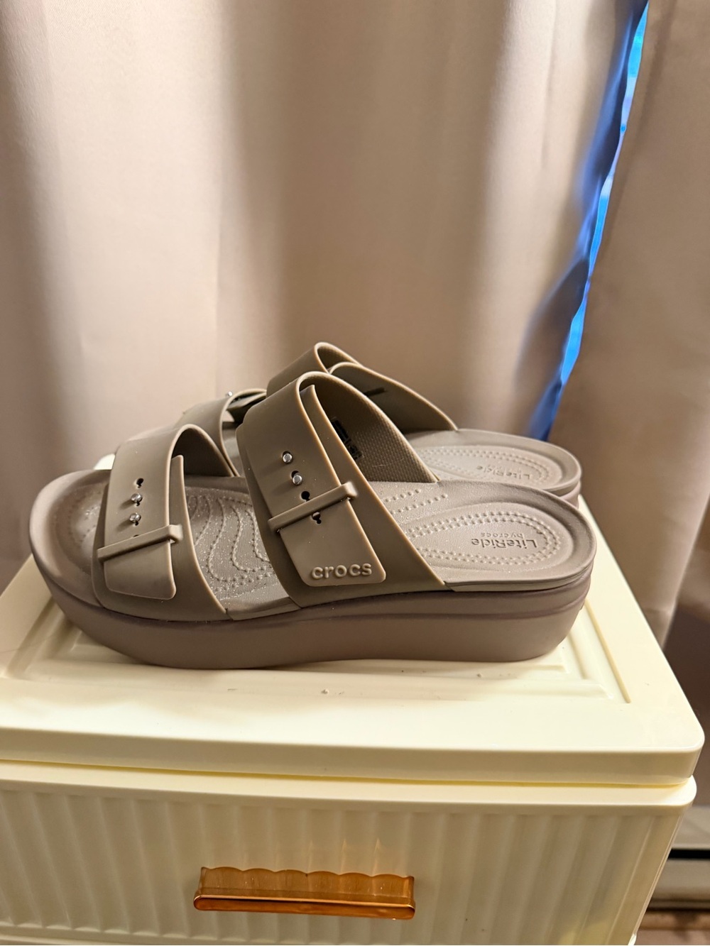 CROCS Women's Taupe Dual-Strap Platform Slide Sandals
